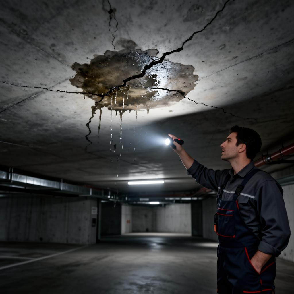 Profissional inspecionando uma infiltração no teto de uma garagem de condomínio